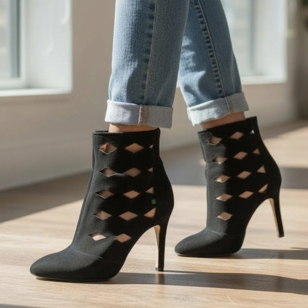 SJP Linda Sz 40 Black Suede Leather Cut-Out Ankle Boot High Heel Bootie Cage